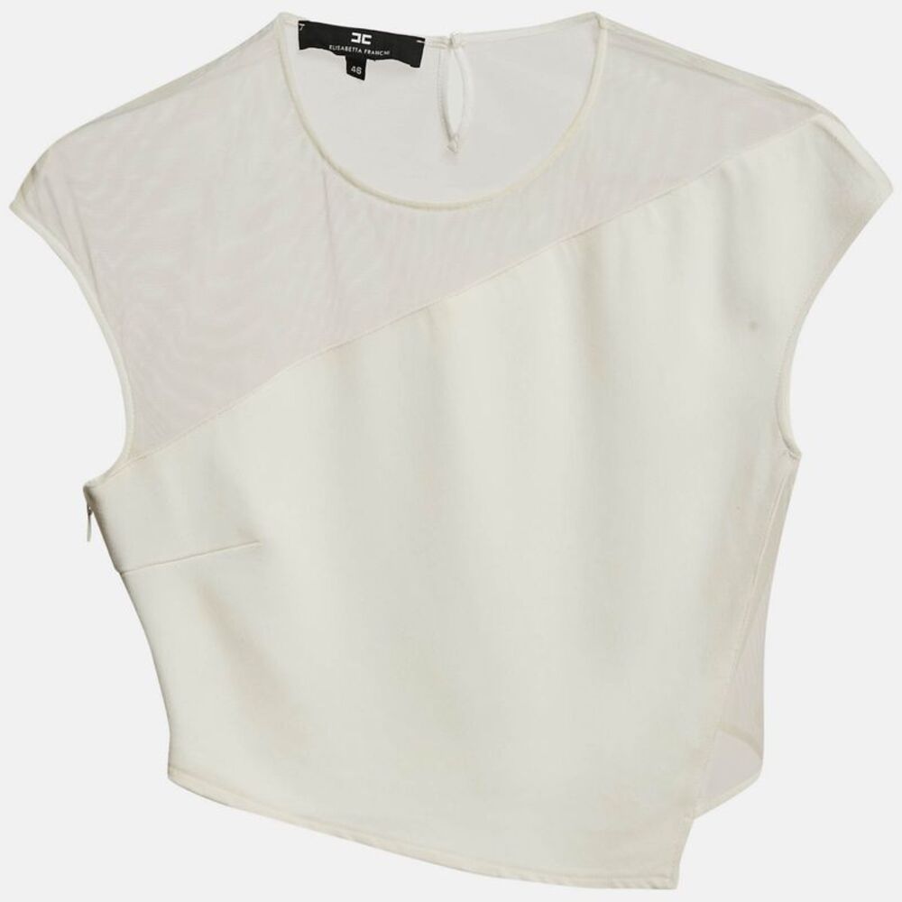 Elisabetta Franchi White Crepe And Mesh Crop Top L